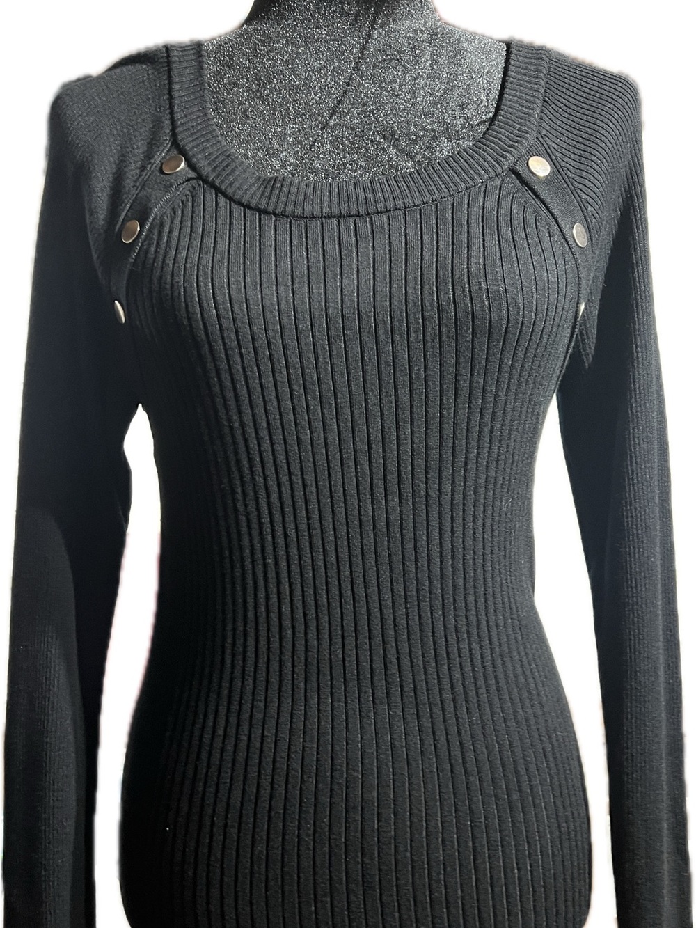 Express Black Ribbed Crewneck Sweater with Gold-Tone Button Accents